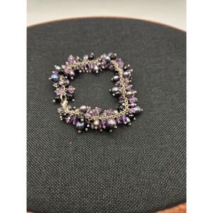 Amethyst Black Onyx Purple Freshwater Pearl Cluster Charm Bracelet 7.25"